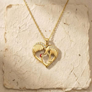 Sterling Silver Crane Heart Necklace, Red Crowned Crane Pendant, Dainty Origami Bird Jewelry, Minimalist Nature Inspired Gift for Her, CZ