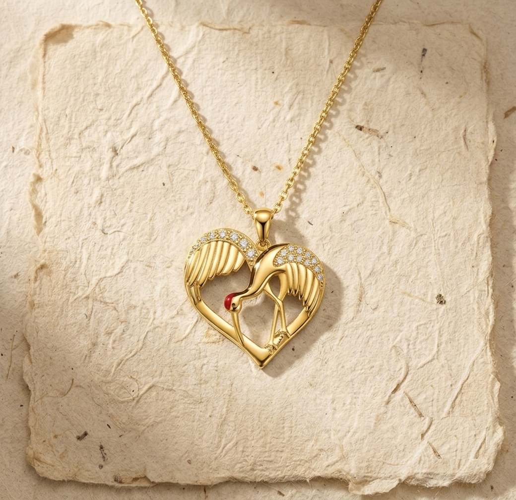 Sterling Silver Crane Heart Necklace, Red Crowned Crane Pendant, Dainty Origami Bird Jewelry, Minimalist Nature Inspired Gift for Her, CZ