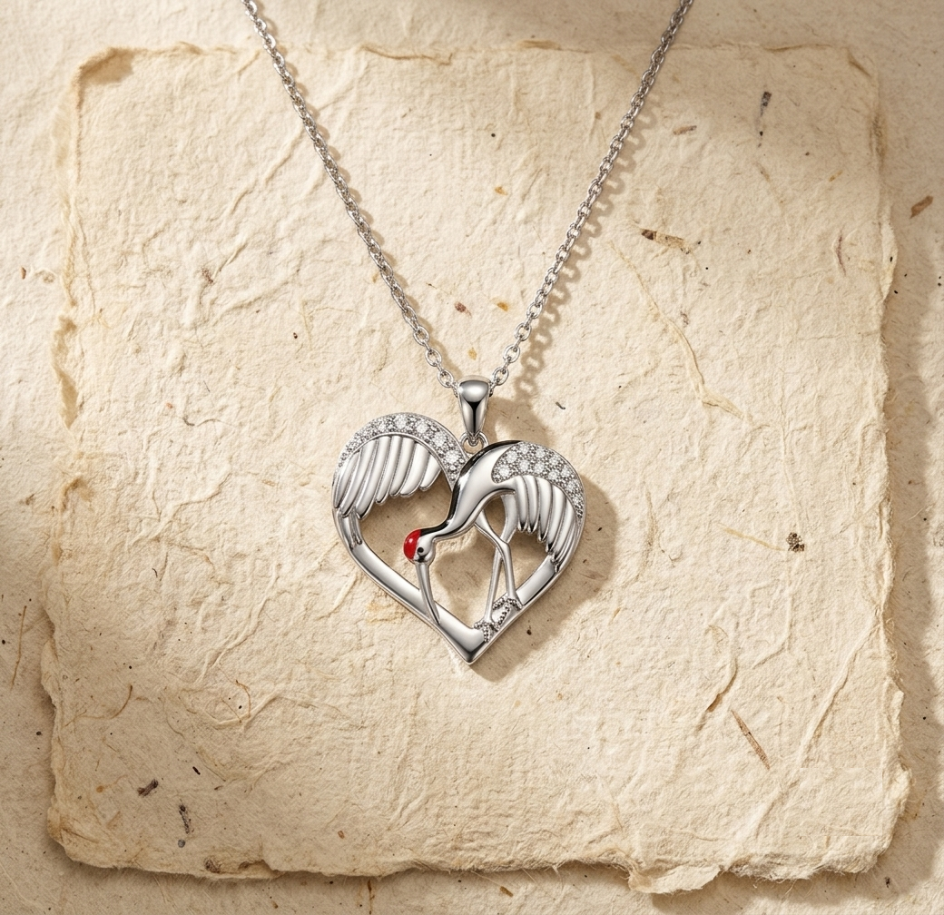 Sterling Silver Crane Heart Necklace, Red Crowned Crane Pendant, Dainty Origami Bird Jewelry, Minimalist Nature Inspired Gift for Her, CZ - Image 5