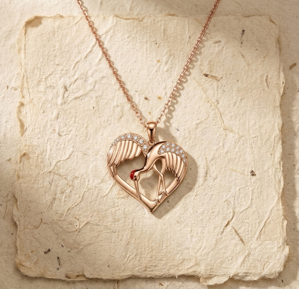 Sterling Silver Crane Heart Necklace, Red Crowned Crane Pendant, Dainty Origami Bird Jewelry, Minimalist Nature Inspired Gift for Her, CZ - Image 4