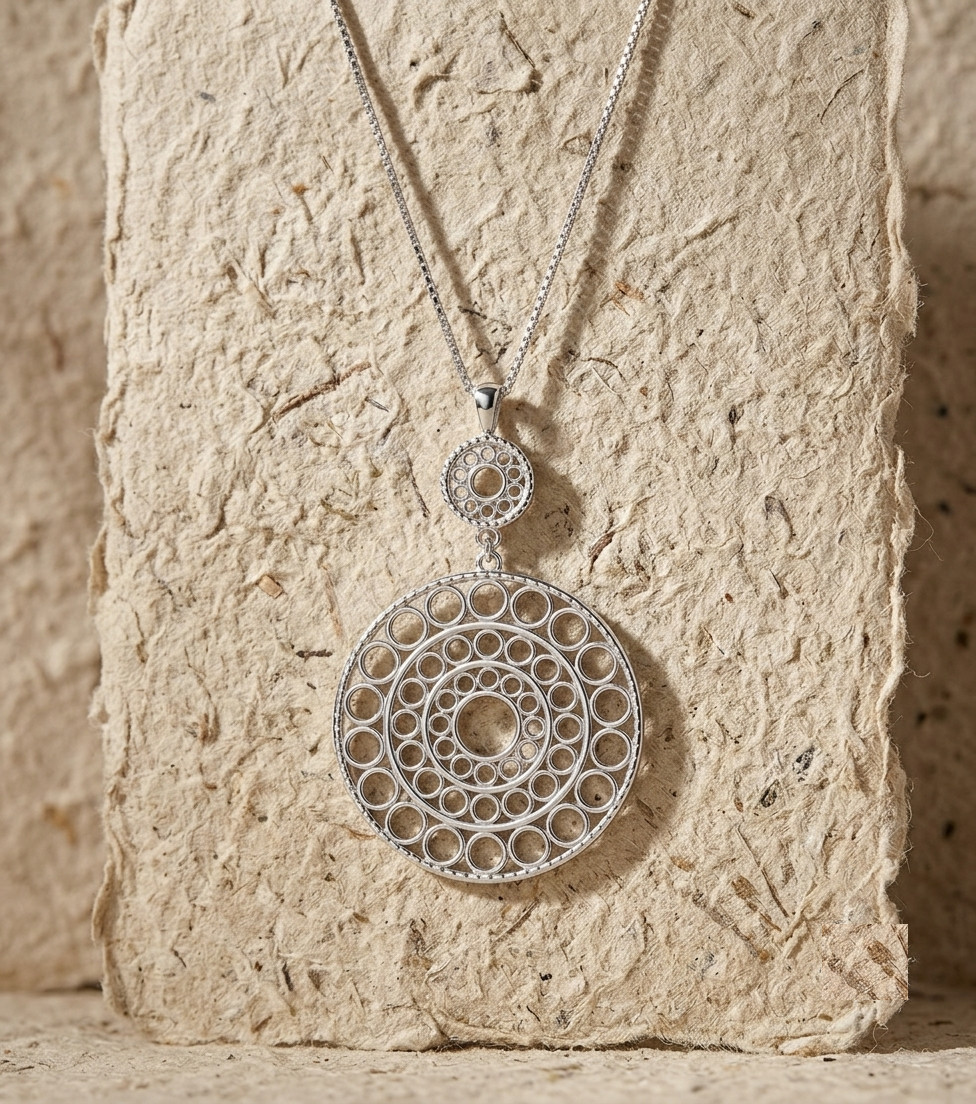 Sterling Silver Mandala Necklace, Geometric Circle Pendant, Openwork Round Disc Necklace, Boho Statement Jewelry, Filigree Medallion Gift - Image 5
