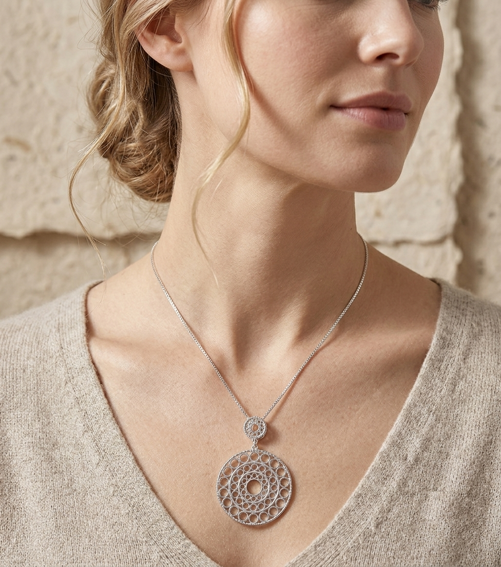 Sterling Silver Mandala Necklace, Geometric Circle Pendant, Openwork Round Disc Necklace, Boho Statement Jewelry, Filigree Medallion Gift - Image 4