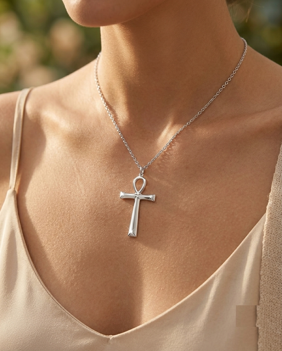 Silver Ankh Necklace, Egyptian Cross Pendant, Minimalist Key of Life Jewelry, Sterling Silver Symbolic Protection Charm, Spiritual Gift for - Image 4