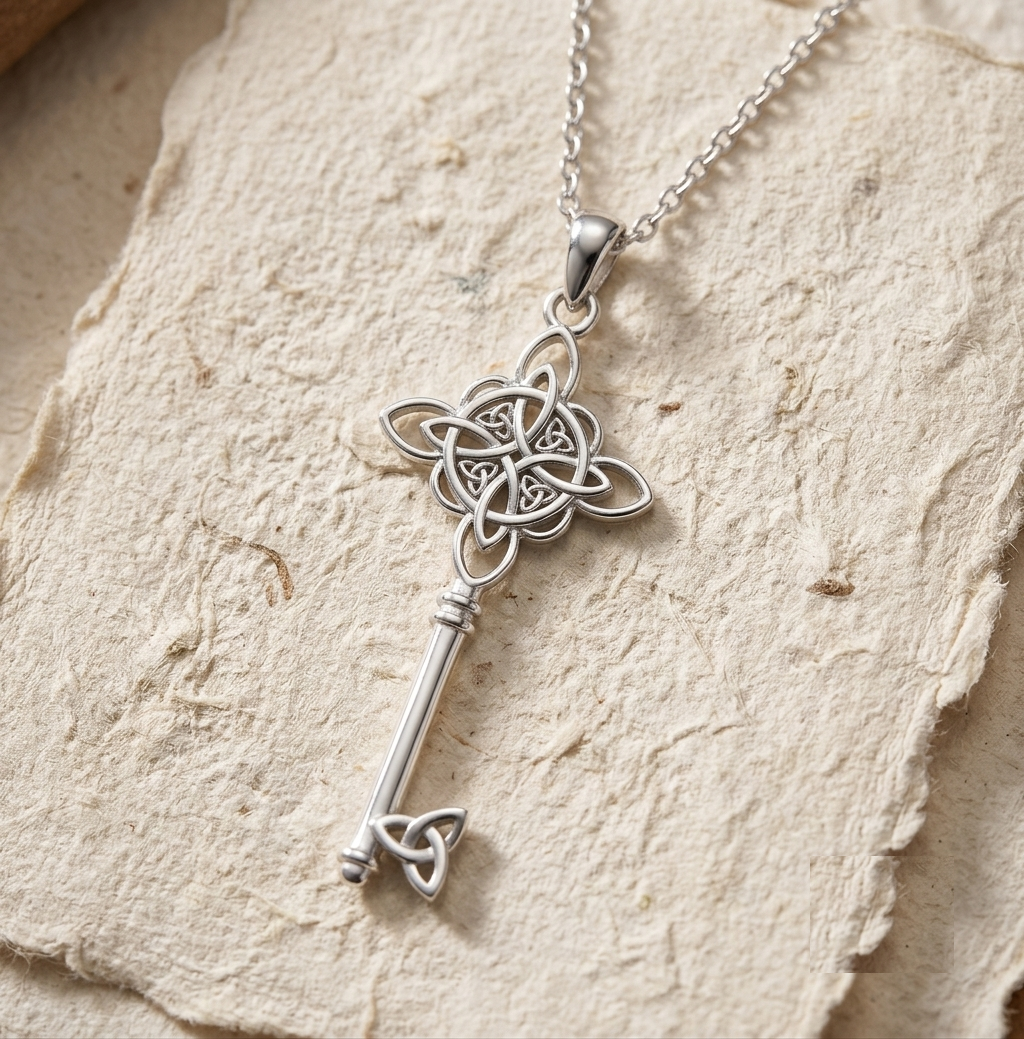 Celtic Knot Key Necklace, Silver Skeleton Key Pendant, Irish Wiccan Jewelry, Symbolic Protection Charm, Minimalist Sterling Silver Gift for - Image 5