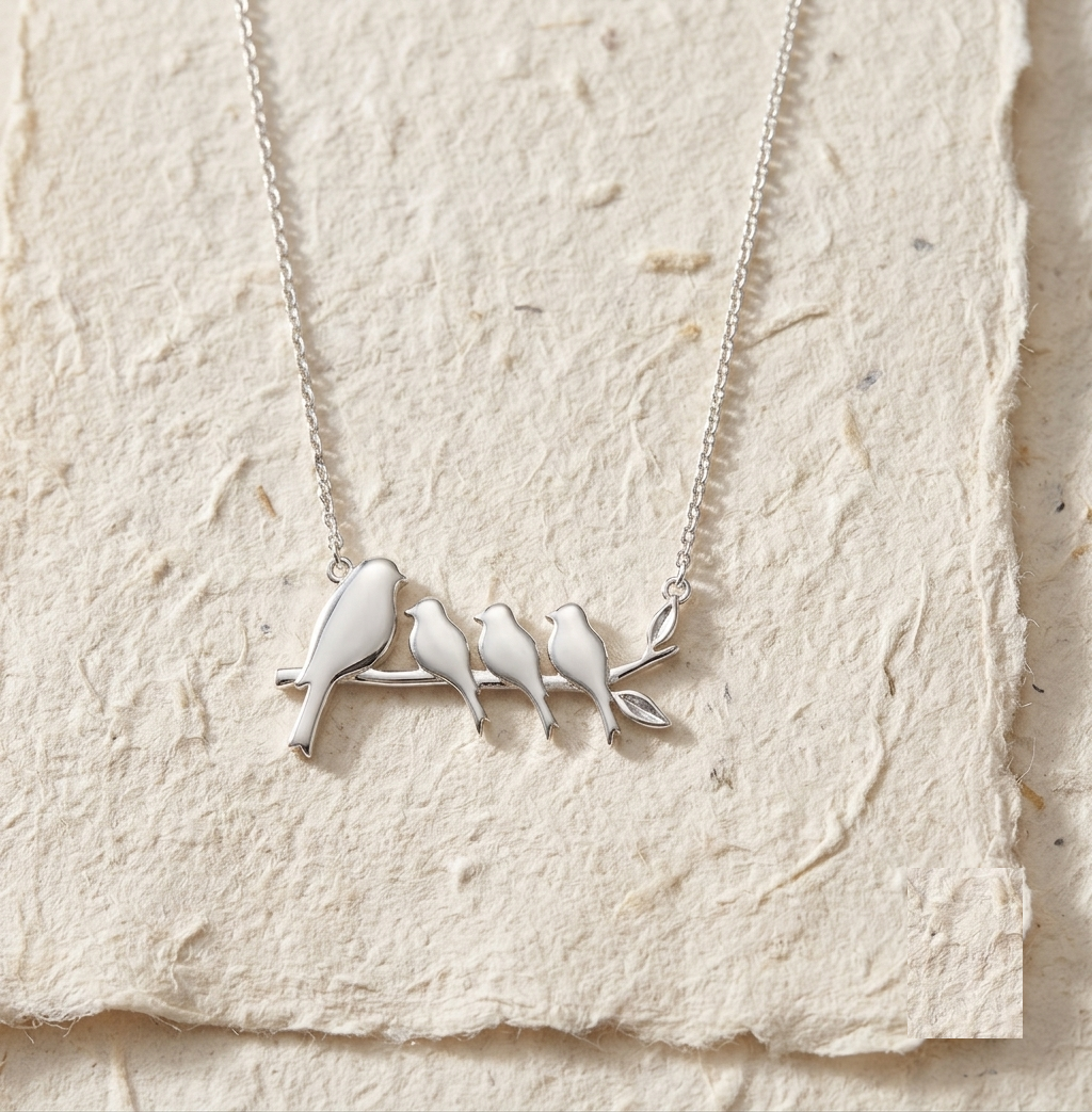 Personalized Family Bird Necklace, Mother of Three Gift, Sterling Silver Bird on Branch Pendant, Minimalist Nature Jewelry for Mom - Image 5