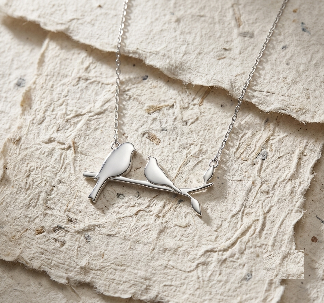Sterling Silver Two Birds on a Branch Necklace, Mother Daughter Bird Pendant, Minimalist Nature Inspired Jewelry, Meaningful Gift for Mom - Image 5