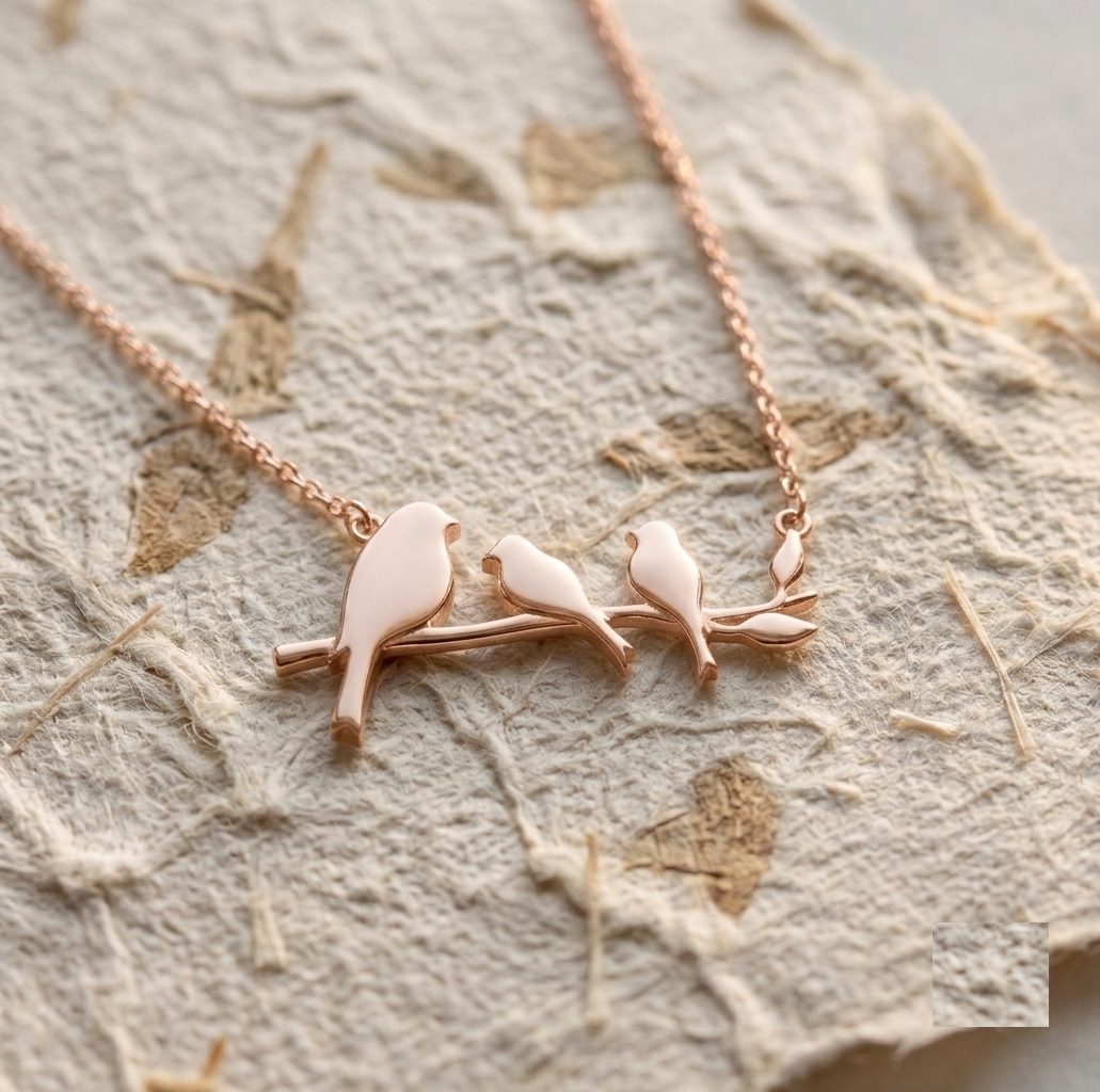 Three Birds on a Branch Necklace, Rose Gold Bird Pendant, Minimalist Nature Inspired Jewelry, Family Bird Necklace, Mother's Day Gift - Image 4