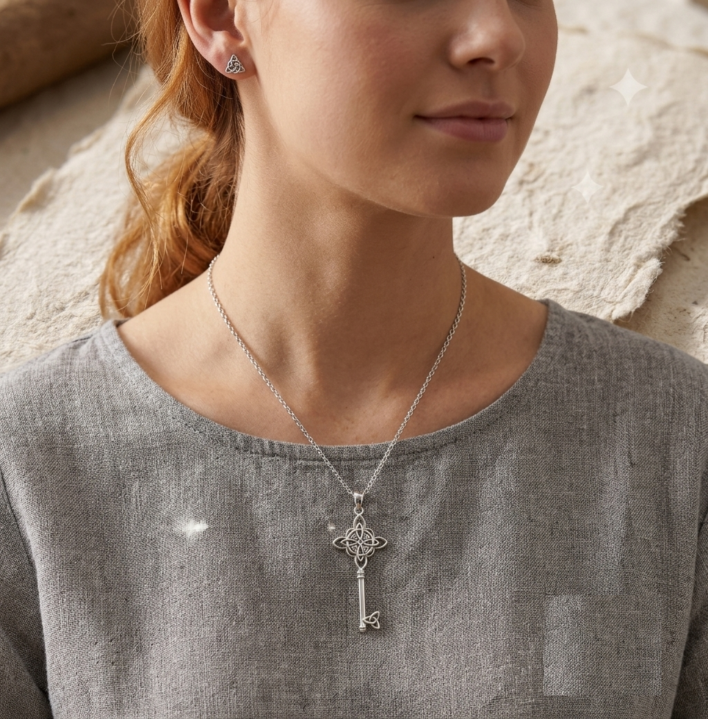 Celtic Knot Key Necklace, Silver Skeleton Key Pendant, Irish Wiccan Jewelry, Symbolic Protection Charm, Minimalist Sterling Silver Gift for - Image 4