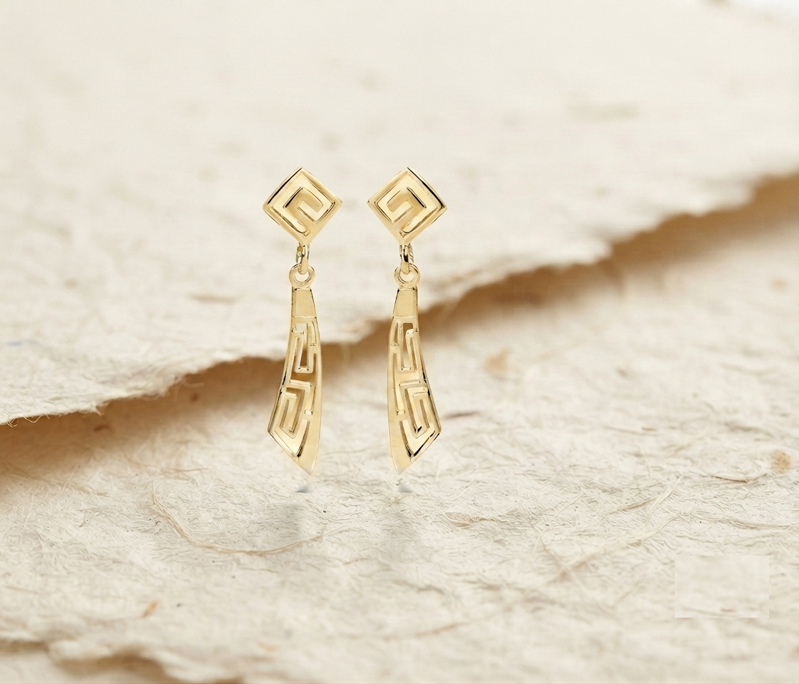 Minimalist Greek Key Dangle Earrings, 925 Sterling Silver Geometric Drop Earrings, Modern Architectural Jewelry for Her
