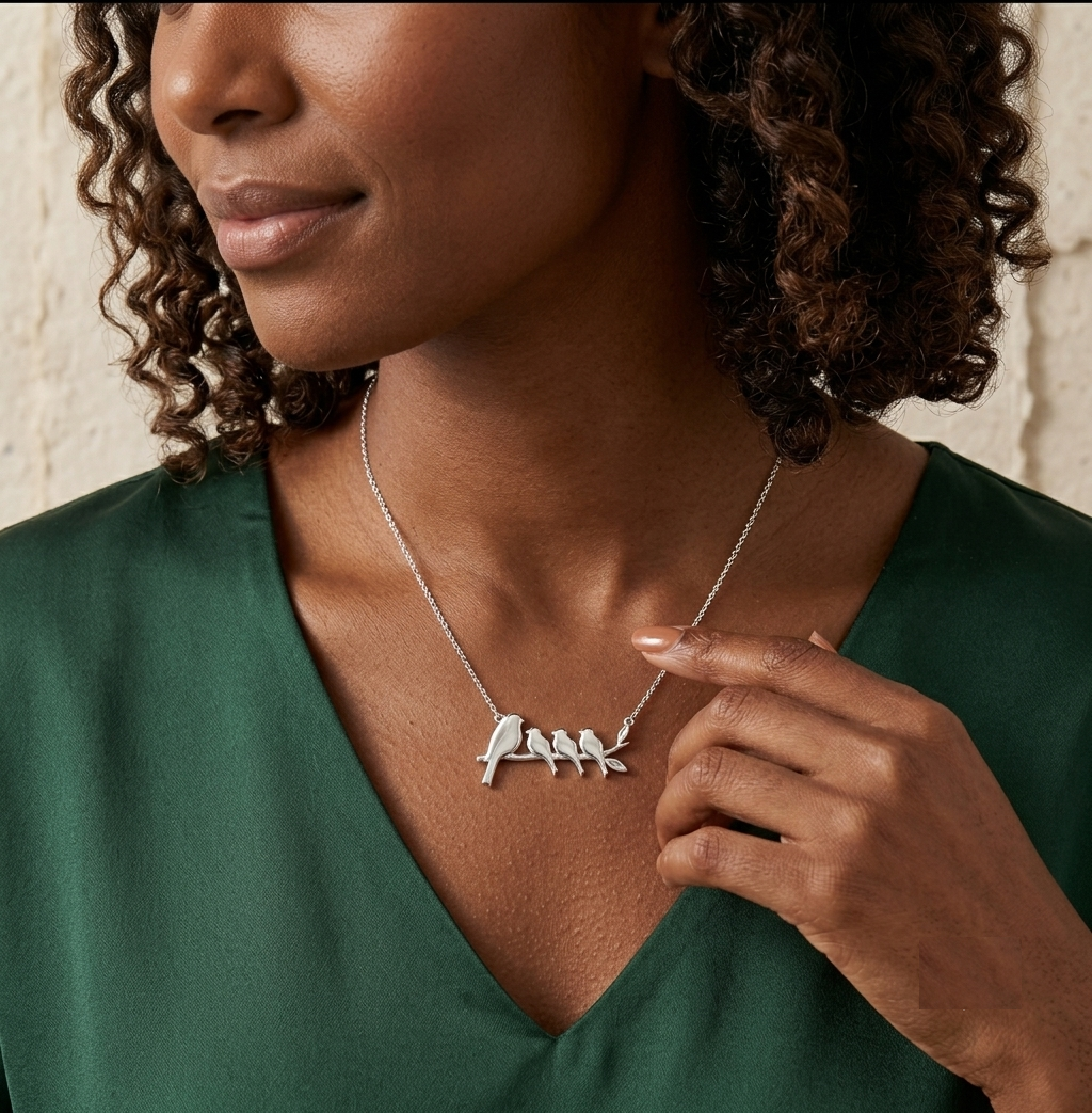 Personalized Family Bird Necklace, Mother of Three Gift, Sterling Silver Bird on Branch Pendant, Minimalist Nature Jewelry for Mom - Image 4
