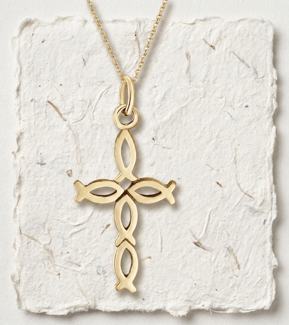 Dainty Ichthys Cross Necklace, Silver Christian Fish Pendant, Minimalist Religious Jewelry, Faith Symbol Charm, Sacred Grace Gift for Her