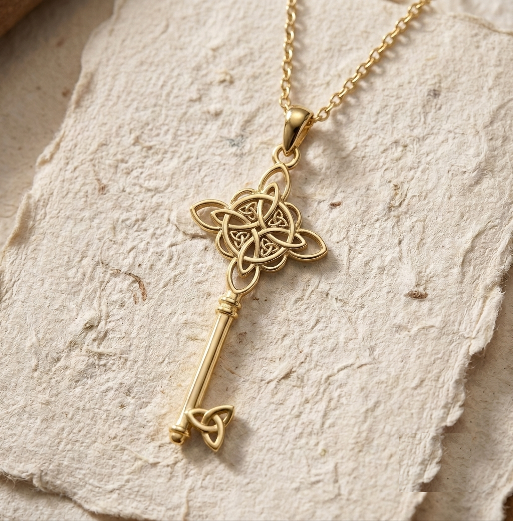 Celtic Knot Key Necklace, Silver Skeleton Key Pendant, Irish Wiccan Jewelry, Symbolic Protection Charm, Minimalist Sterling Silver Gift for