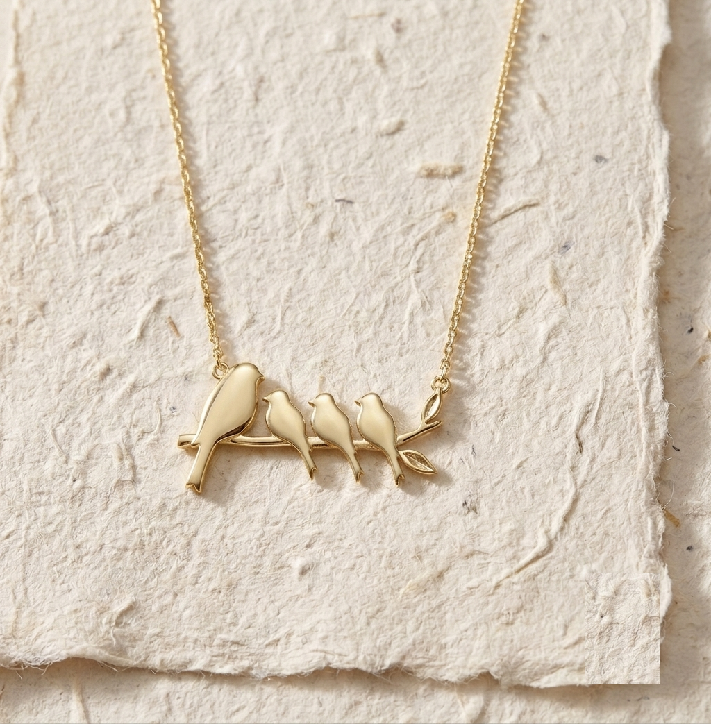 Personalized Family Bird Necklace, Mother of Three Gift, Sterling Silver Bird on Branch Pendant, Minimalist Nature Jewelry for Mom