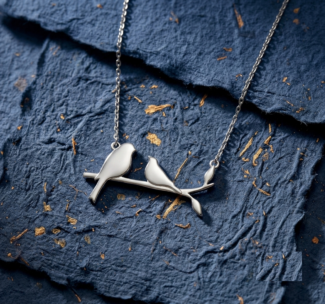 Sterling Silver Two Birds on a Branch Necklace, Mother Daughter Bird Pendant, Minimalist Nature Inspired Jewelry, Meaningful Gift for Mom
