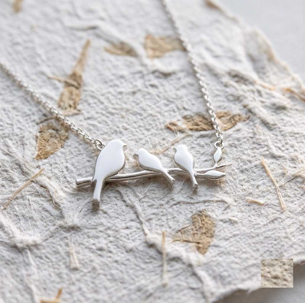 Three Birds on a Branch Necklace, Rose Gold Bird Pendant, Minimalist Nature Inspired Jewelry, Family Bird Necklace, Mother's Day Gift - Image 2