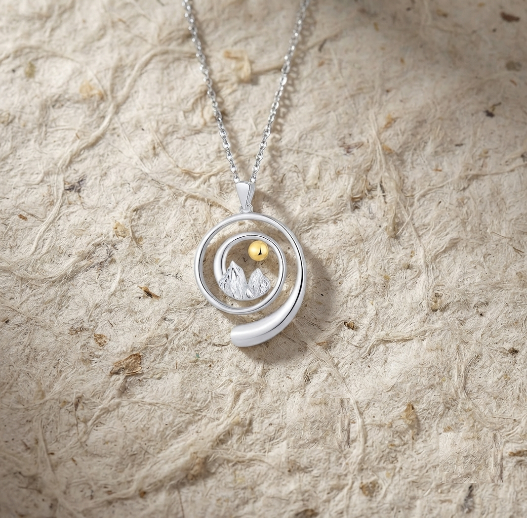 Minimalist Nature Jewelry, Delicate Mountain Range Charm, Gold Accent Sun Pendant, Gift for Her