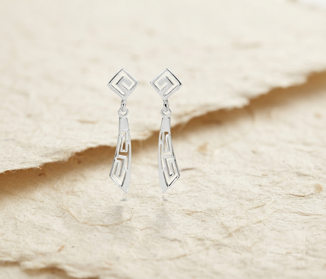 Minimalist Greek Key Dangle Earrings, 925 Sterling Silver Geometric Drop Earrings, Modern Architectural Jewelry for Her - Image 2
