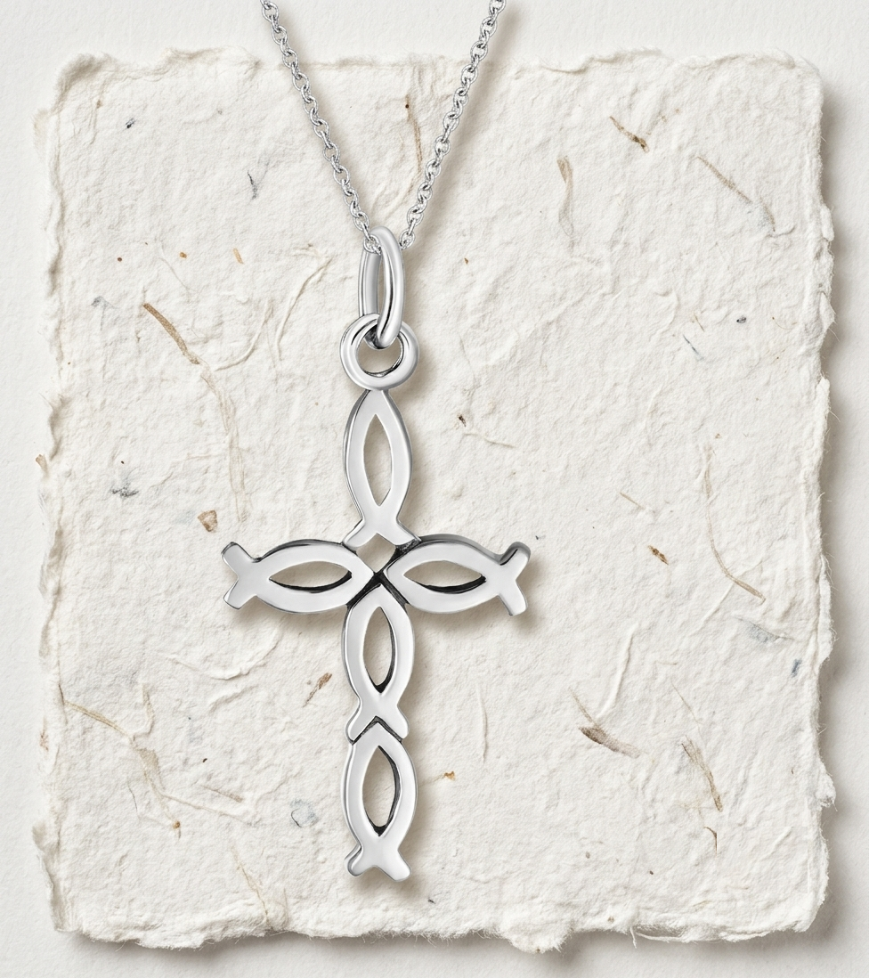Dainty Ichthys Cross Necklace, Silver Christian Fish Pendant, Minimalist Religious Jewelry, Faith Symbol Charm, Sacred Grace Gift for Her - Image 2