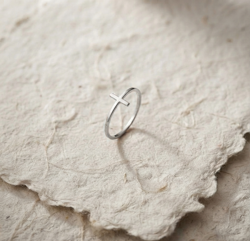 Dainty Cross Ring, 925 Sterling Silver Minimalist Ring, Sideways Cross Band, Dainty Religious Jewelry, Minimalist Christian Gift for Women - Image 5