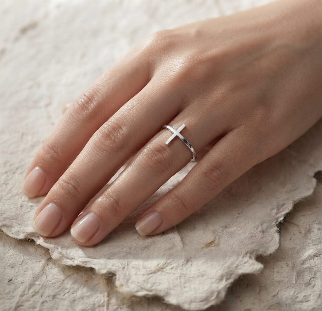 Dainty Cross Ring, 925 Sterling Silver Minimalist Ring, Sideways Cross Band, Dainty Religious Jewelry, Minimalist Christian Gift for Women - Image 4