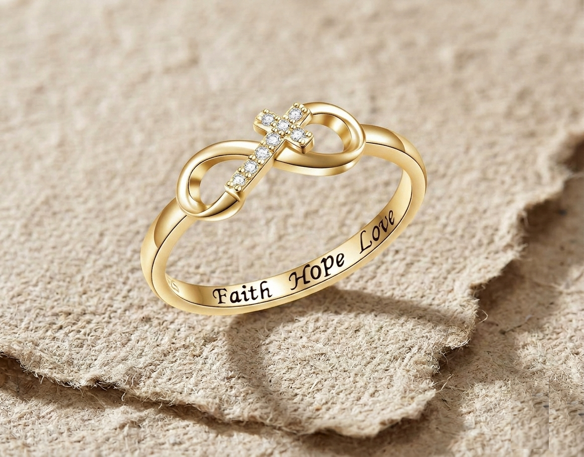 925 Sterling Silver Infinity Cross Ring, Faith Hope Love Engraved Ring, Dainty Christian Jewelry, Religious Promise Ring, Gift for Her