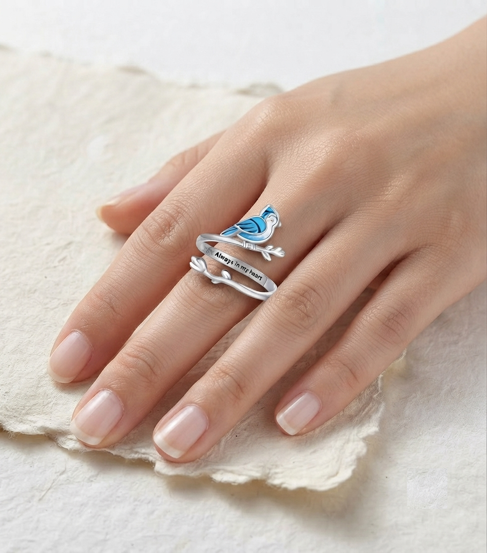Blue Bird Ring, 925 Sterling Silver Adjustable Ring, Memorial Jewelry, Always In My Heart Ring, Sympathy Gift for Her - Image 5
