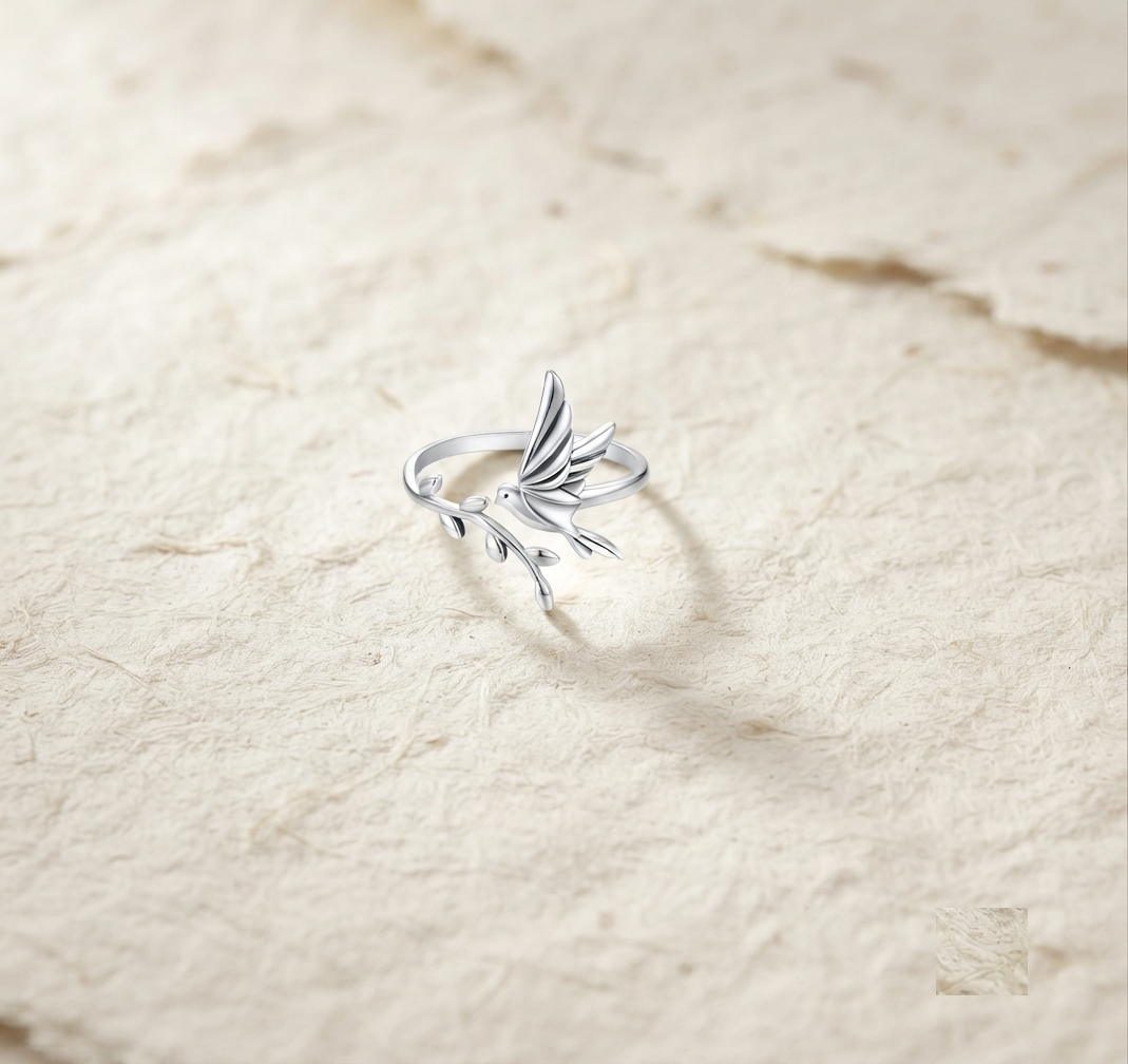 Sterling Silver Bird Ring, Dainty Dove on Branch Ring, Nature Inspired Wrap Ring, Minimalist Animal Jewelry, Adjustable Silver Ring fo Women - Image 2