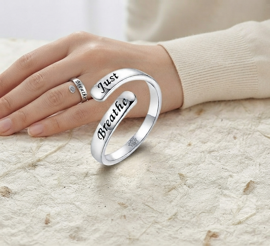Just Breathe Ring, Sterling Silver Adjustable Ring, Mindfulness Gift, Anxiety Relief Jewelry, Minimalist Inspirational Ring for Her - Image 5