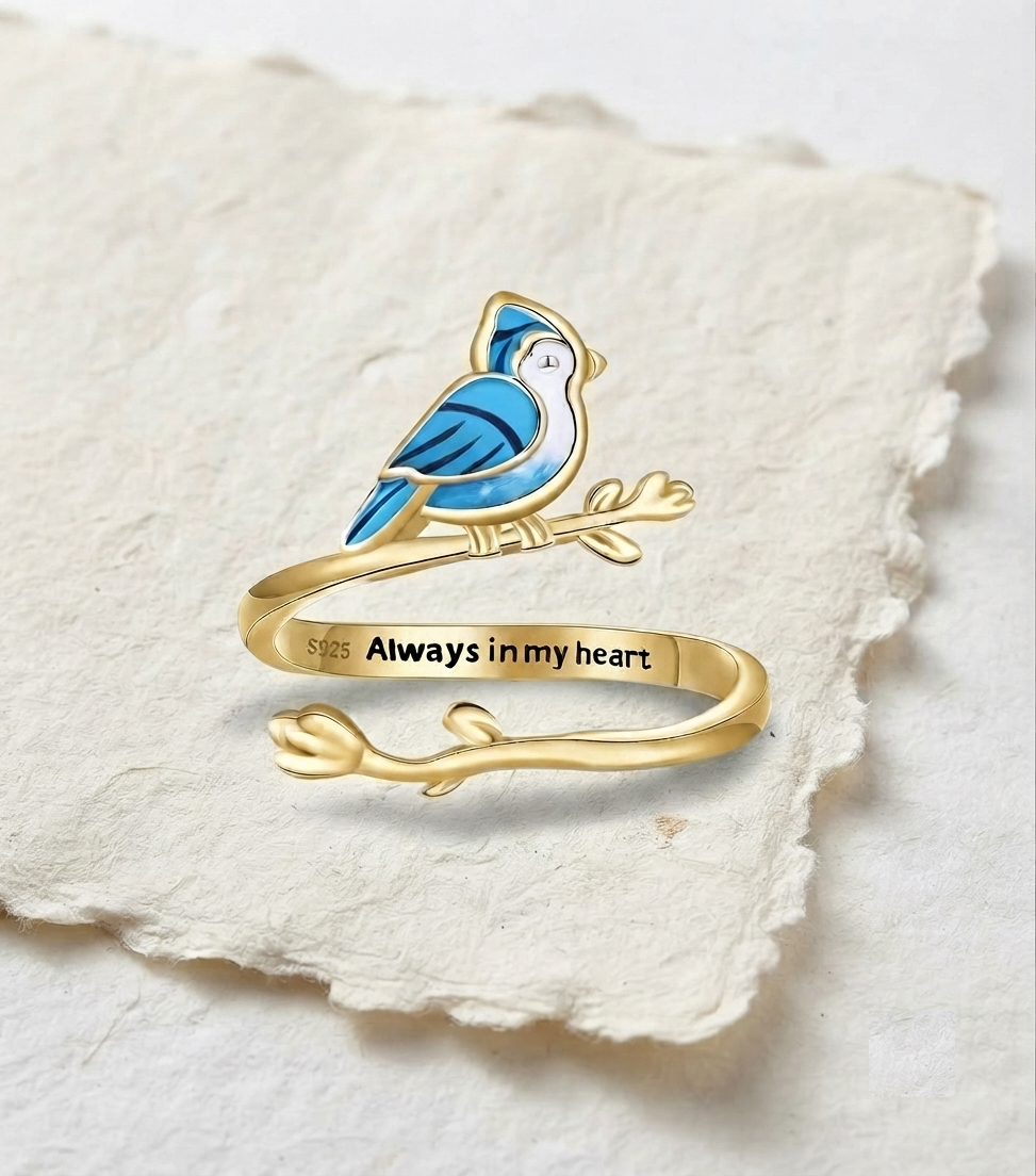 Blue Bird Ring, 925 Sterling Silver Adjustable Ring, Memorial Jewelry, Always In My Heart Ring, Sympathy Gift for Her
