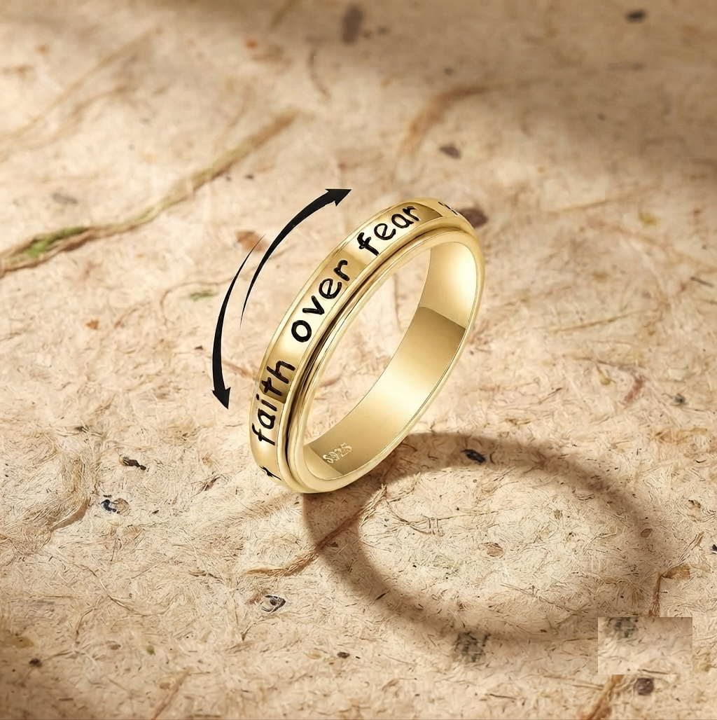 Faith Over Fear Spinner Ring, 925 Sterling Silver Anxiety Relief Ring, Meditation Ring for Her, Minimalist Inspirational Jewelry, Gift for