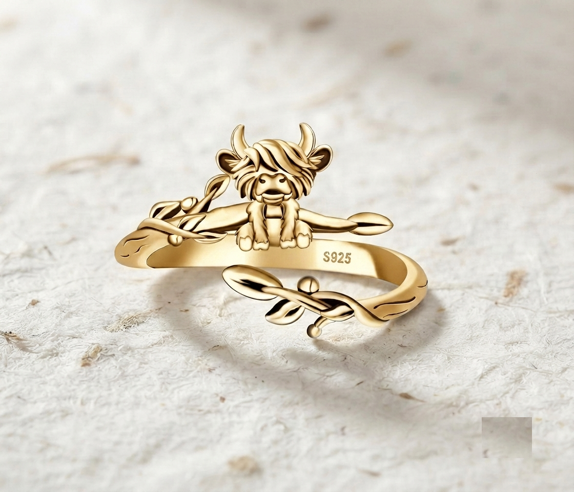 Highland Cow Ring, 925 Sterling Silver Adjustable Ring, Cute Farm Animal Jewelry, Dainty Cow Thumb Ring, Nature Inspired Gift for Women