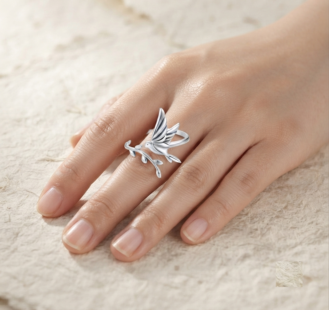 Sterling Silver Bird Ring, Dainty Dove on Branch Ring, Nature Inspired Wrap Ring, Minimalist Animal Jewelry, Adjustable Silver Ring fo Women - Image 5