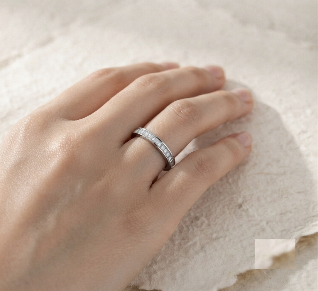 925 Sterling Silver Baguette Ring, Channel Set Half Eternity Band, Minimalist Stacking Ring, Dainty Diamond Alternative , Minimalist Jewelry - Image 4