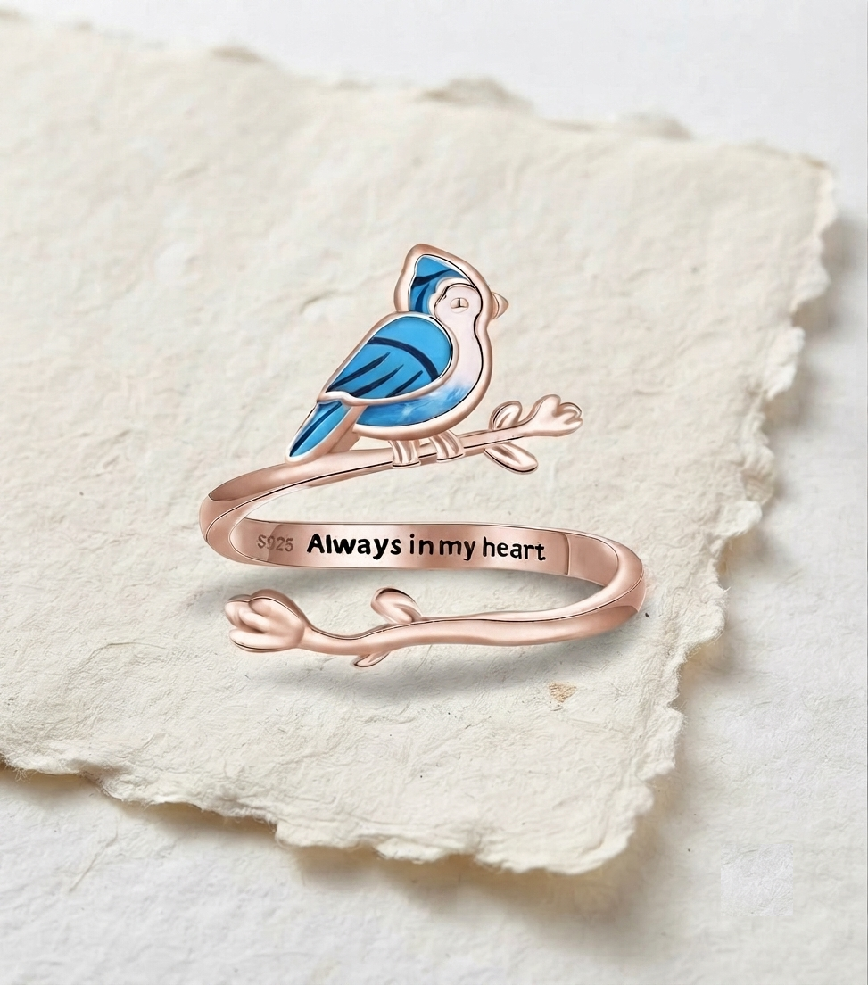 Blue Bird Ring, 925 Sterling Silver Adjustable Ring, Memorial Jewelry, Always In My Heart Ring, Sympathy Gift for Her - Image 3