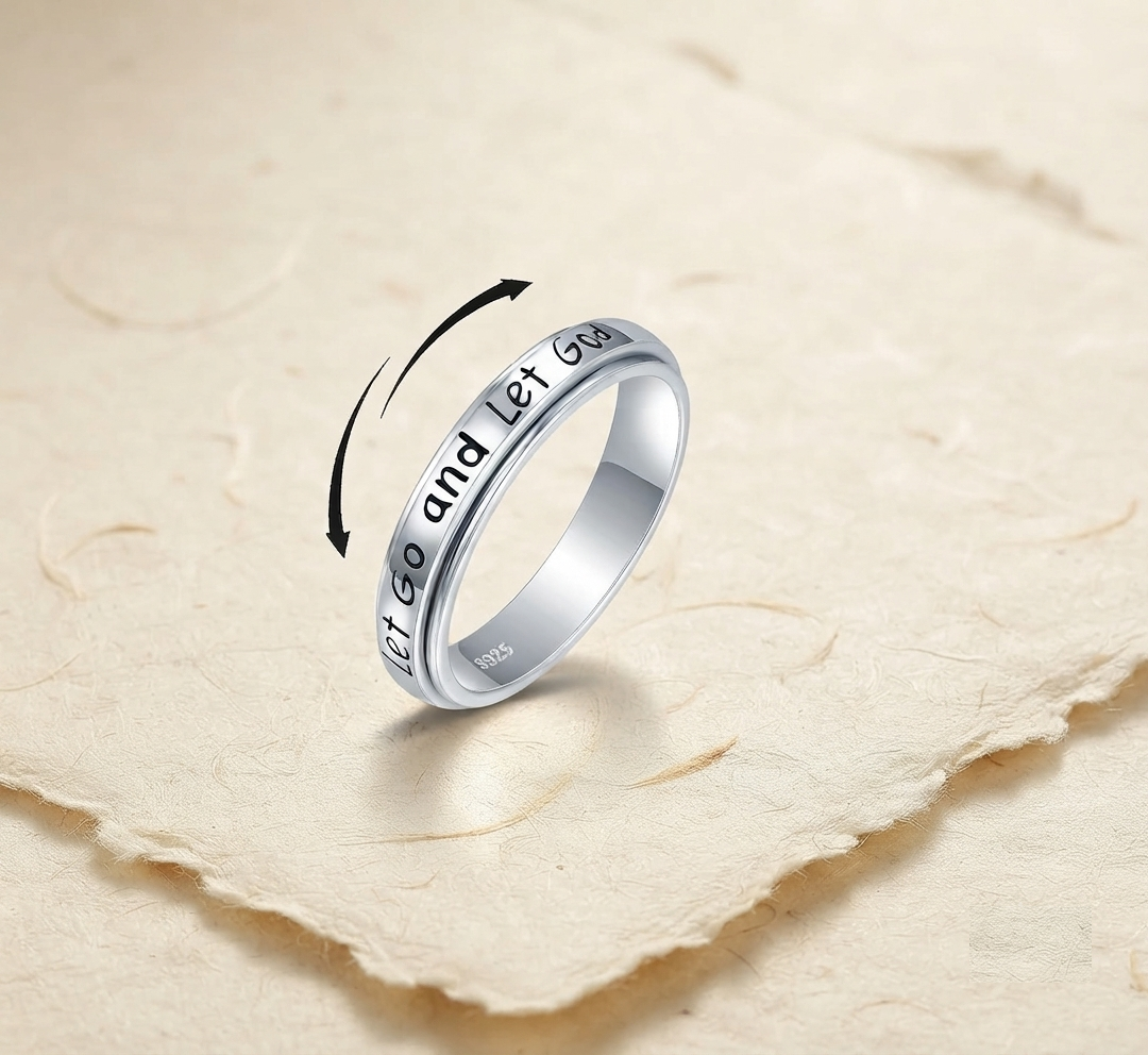 Let Go and Let God Spinner Ring, 925 Sterling Silver Anxiety Fidget Ring for Women, Religious Faith Inspired Meditation Band - Image 2