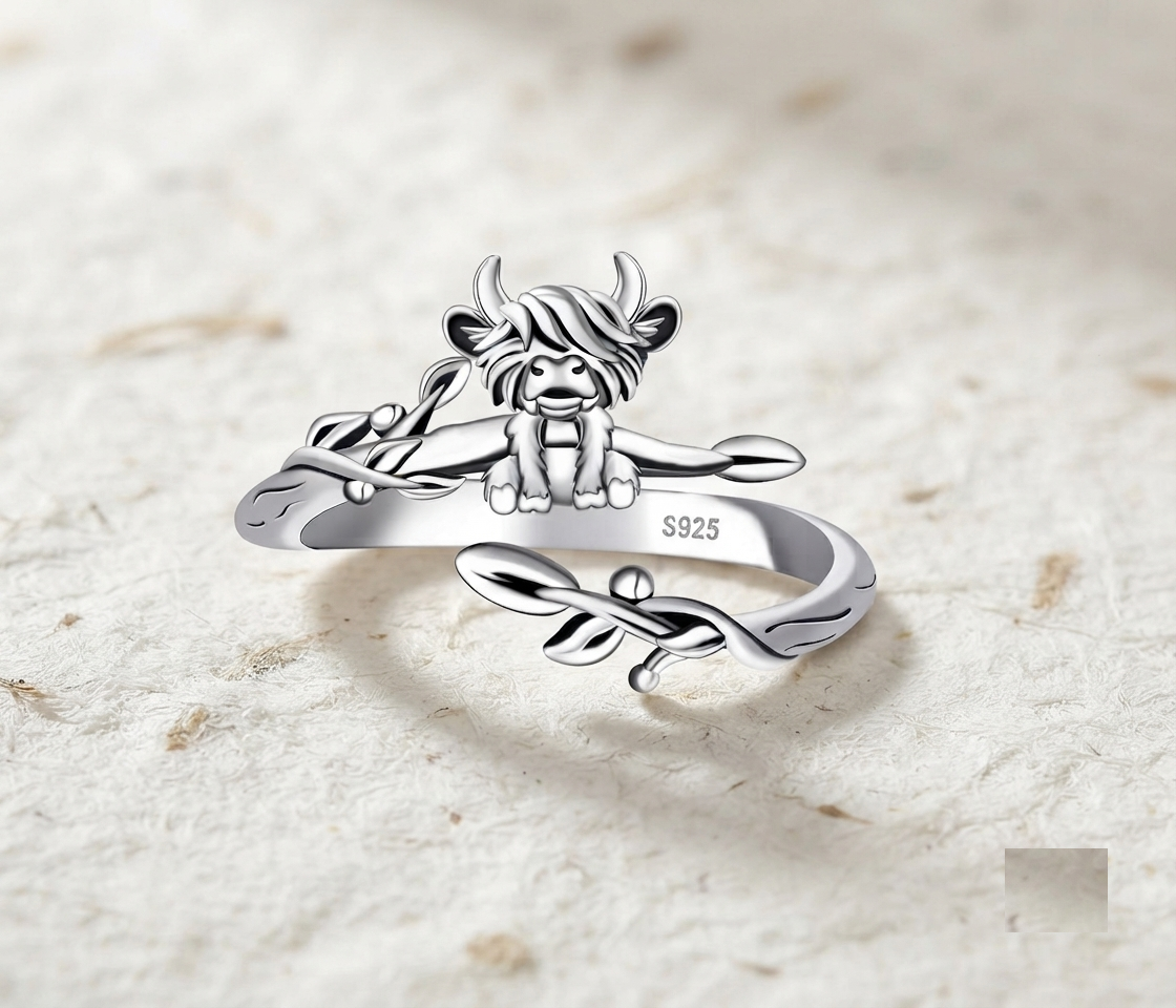 Highland Cow Ring, 925 Sterling Silver Adjustable Ring, Cute Farm Animal Jewelry, Dainty Cow Thumb Ring, Nature Inspired Gift for Women - Image 2