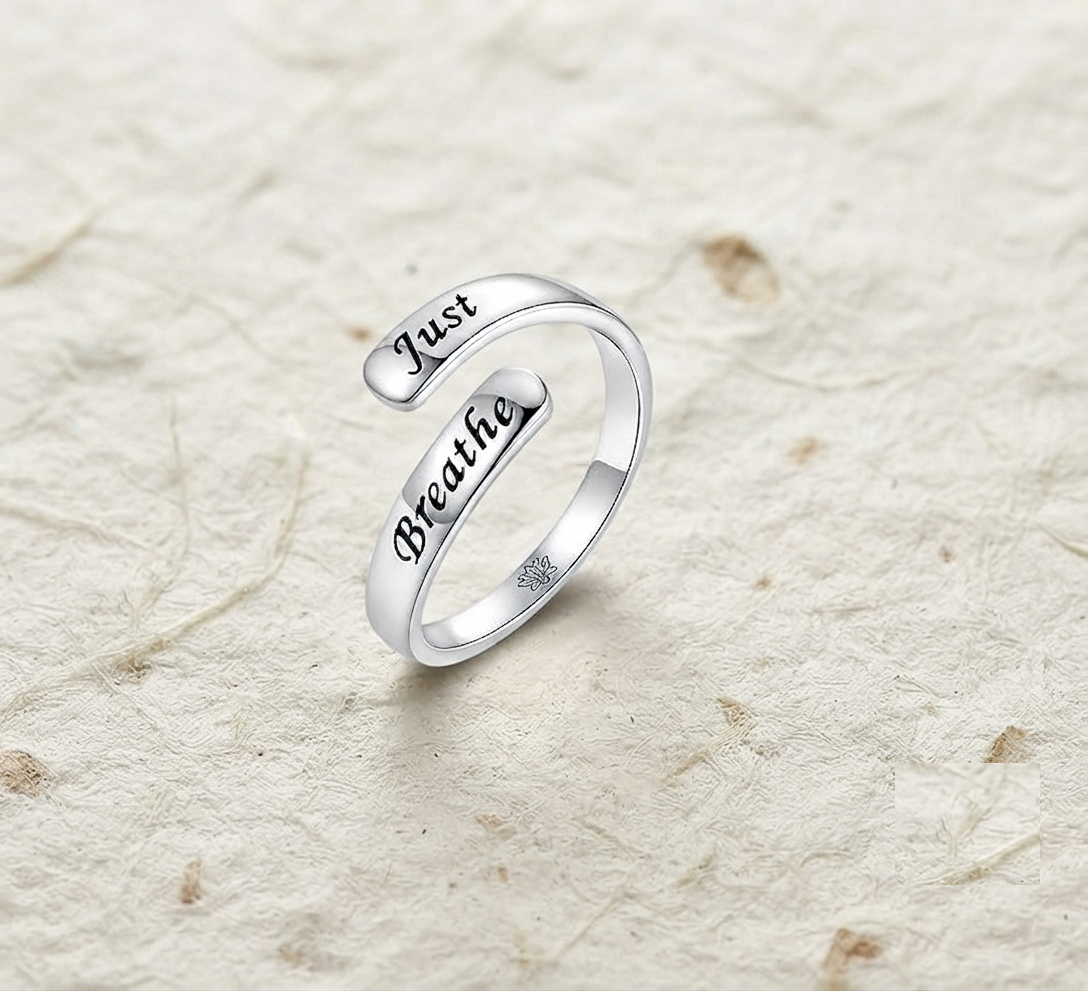 Just Breathe Ring, Sterling Silver Adjustable Ring, Mindfulness Gift, Anxiety Relief Jewelry, Minimalist Inspirational Ring for Her - Image 2