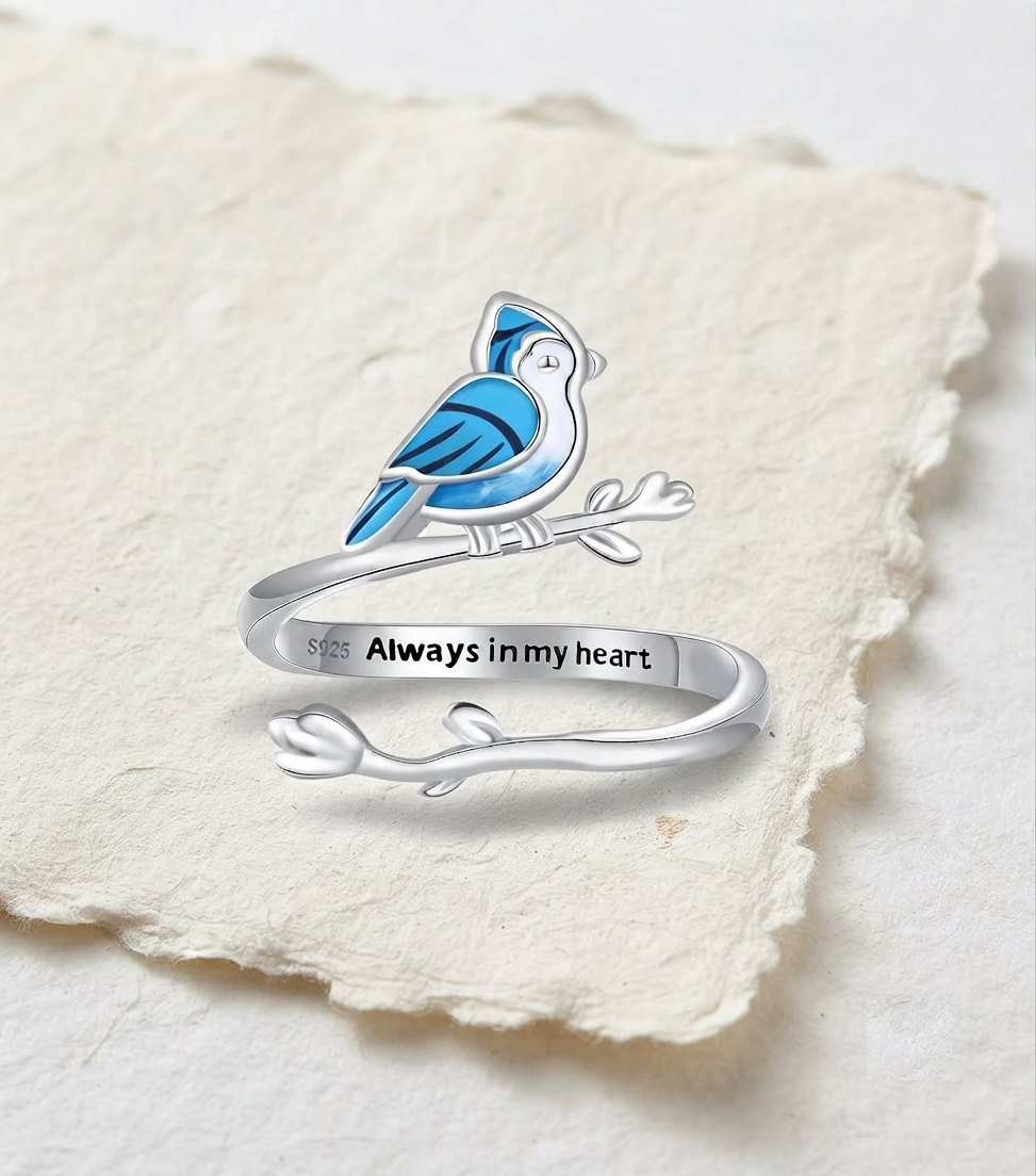 Blue Bird Ring, 925 Sterling Silver Adjustable Ring, Memorial Jewelry, Always In My Heart Ring, Sympathy Gift for Her - Image 2