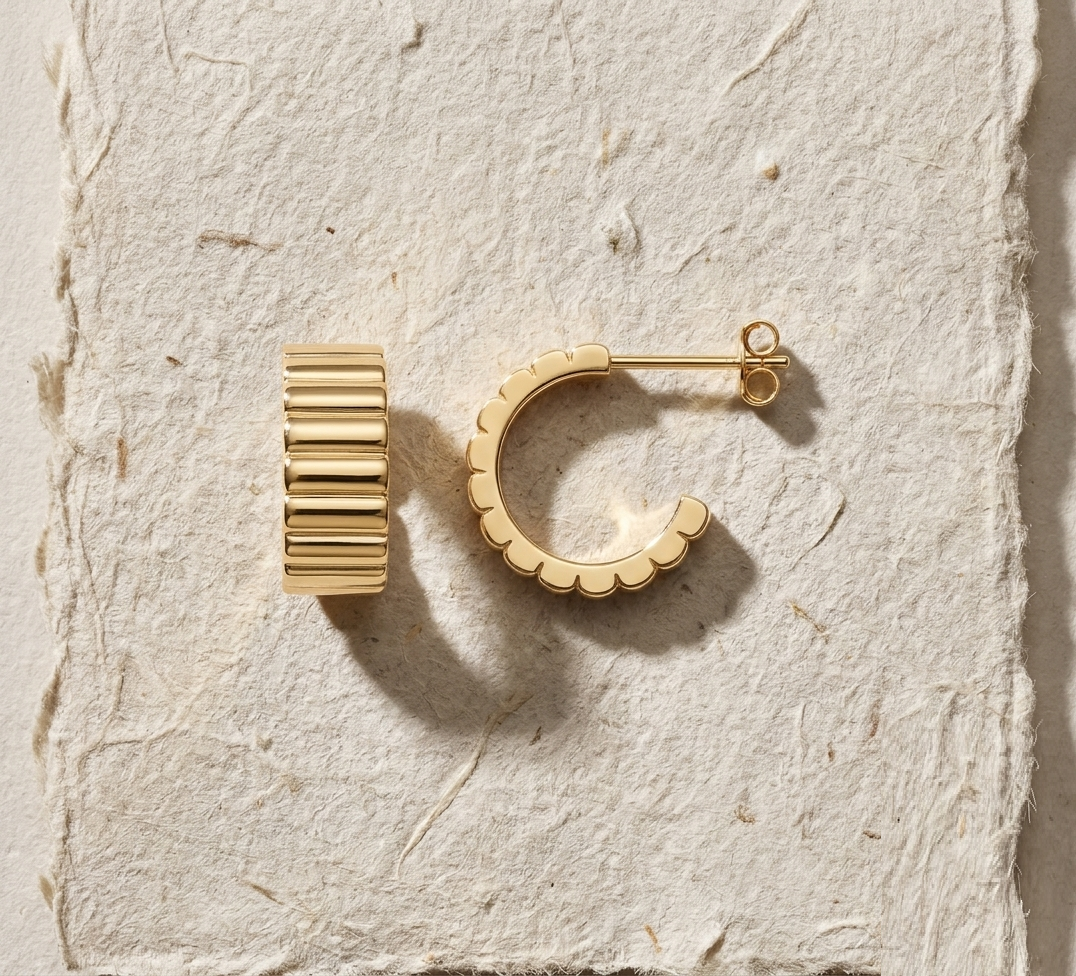 Gold Ribbed Hoop Earrings, Scalloped Chunky Hoops, 925 Sterling Silver Half Hoops ,Minimalist Geometric Earrings Textured Huggies Gift Her
