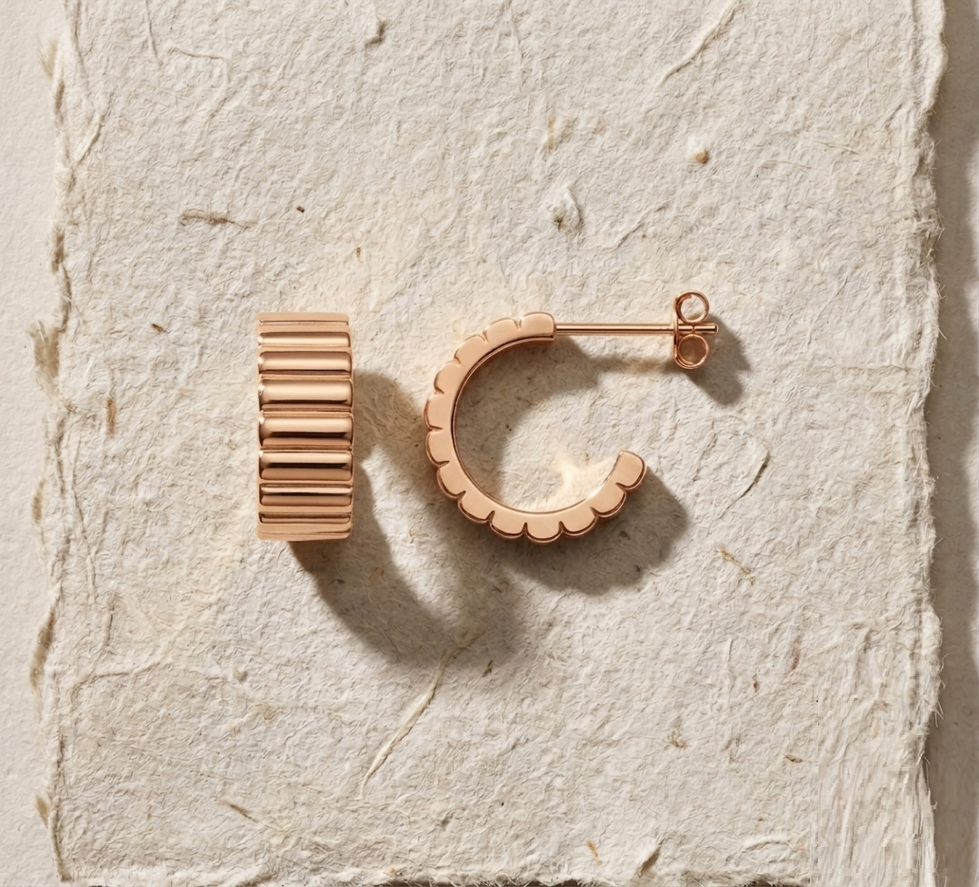 Gold Ribbed Hoop Earrings, Scalloped Chunky Hoops, 925 Sterling Silver Half Hoops ,Minimalist Geometric Earrings Textured Huggies Gift Her - Image 3