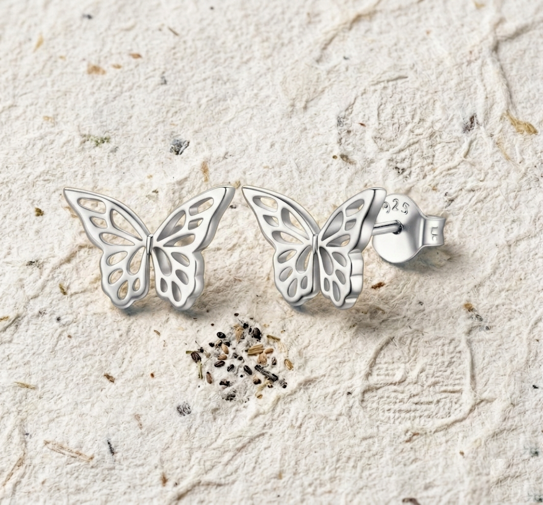 Butterfly Stud Earrings in Sterling Silver, Minimalist Nature Inspired Jewelry, Dainty Filigree Wing Earrings, Tiny Butterfly Gift for Her - Image 2
