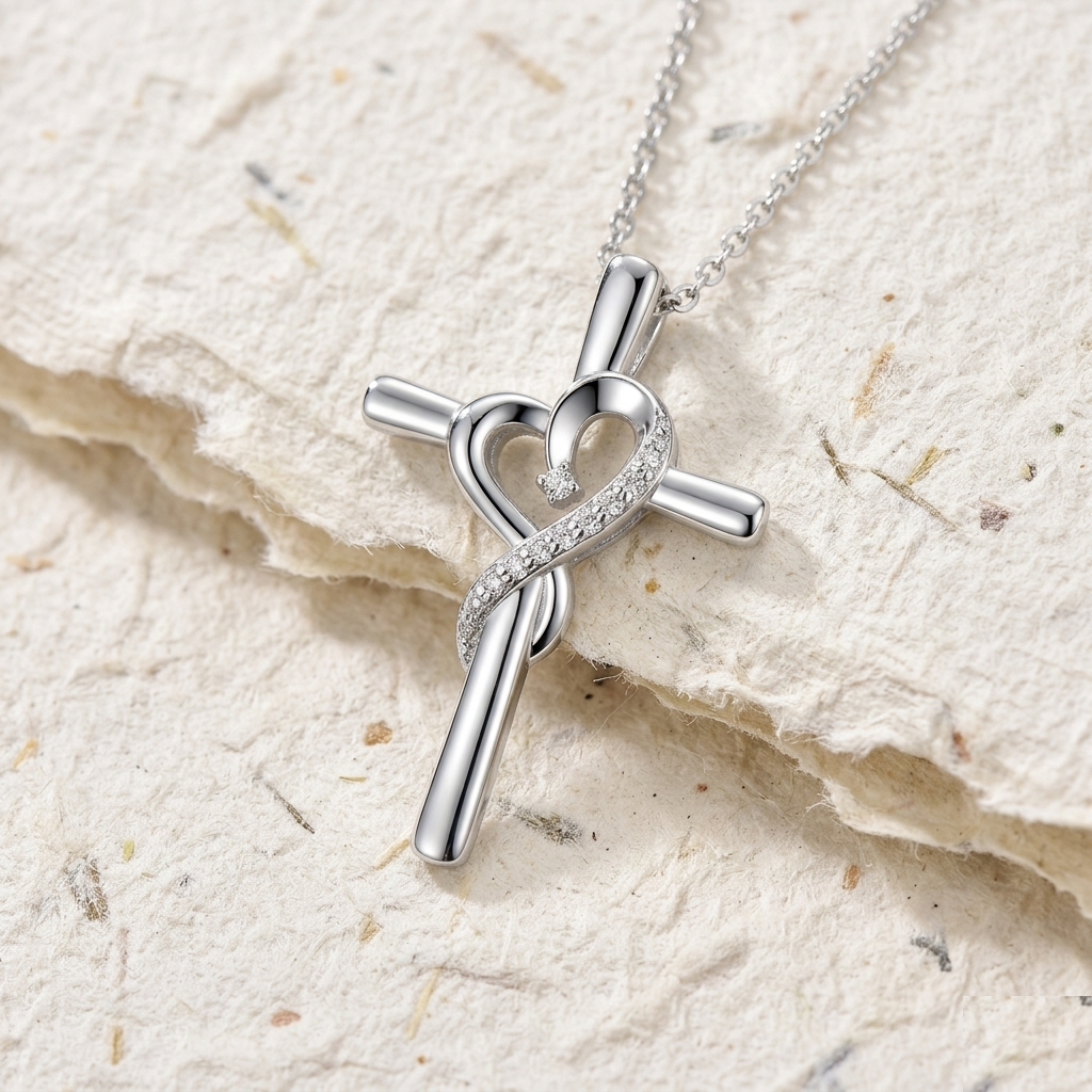 Elegant Heart Cross Necklace in 925 Sterling Silver, Christian Faith Jewelry for Women, Dainty Religious Pendant, Infinity Heart Cross Gift - Image 4