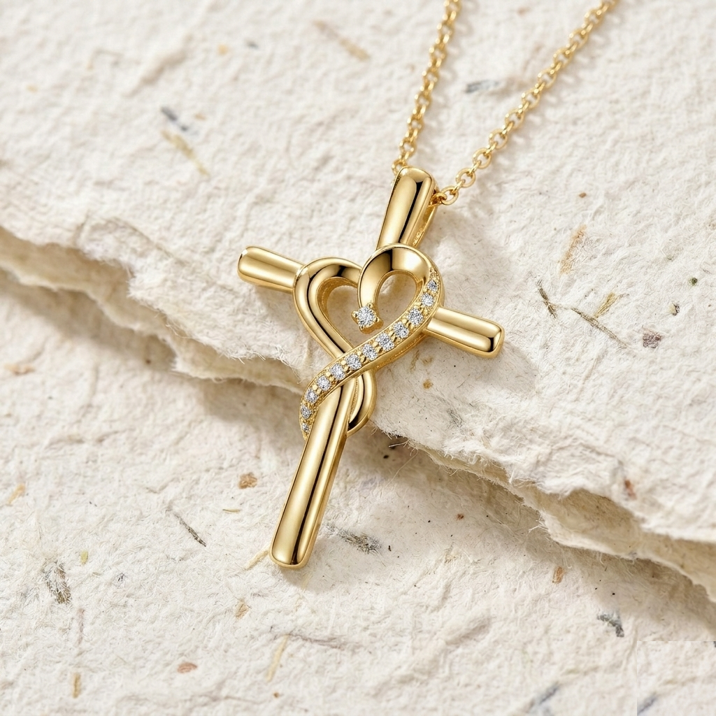 Elegant Heart Cross Necklace in 925 Sterling Silver, Christian Faith Jewelry for Women, Dainty Religious Pendant, Infinity Heart Cross Gift