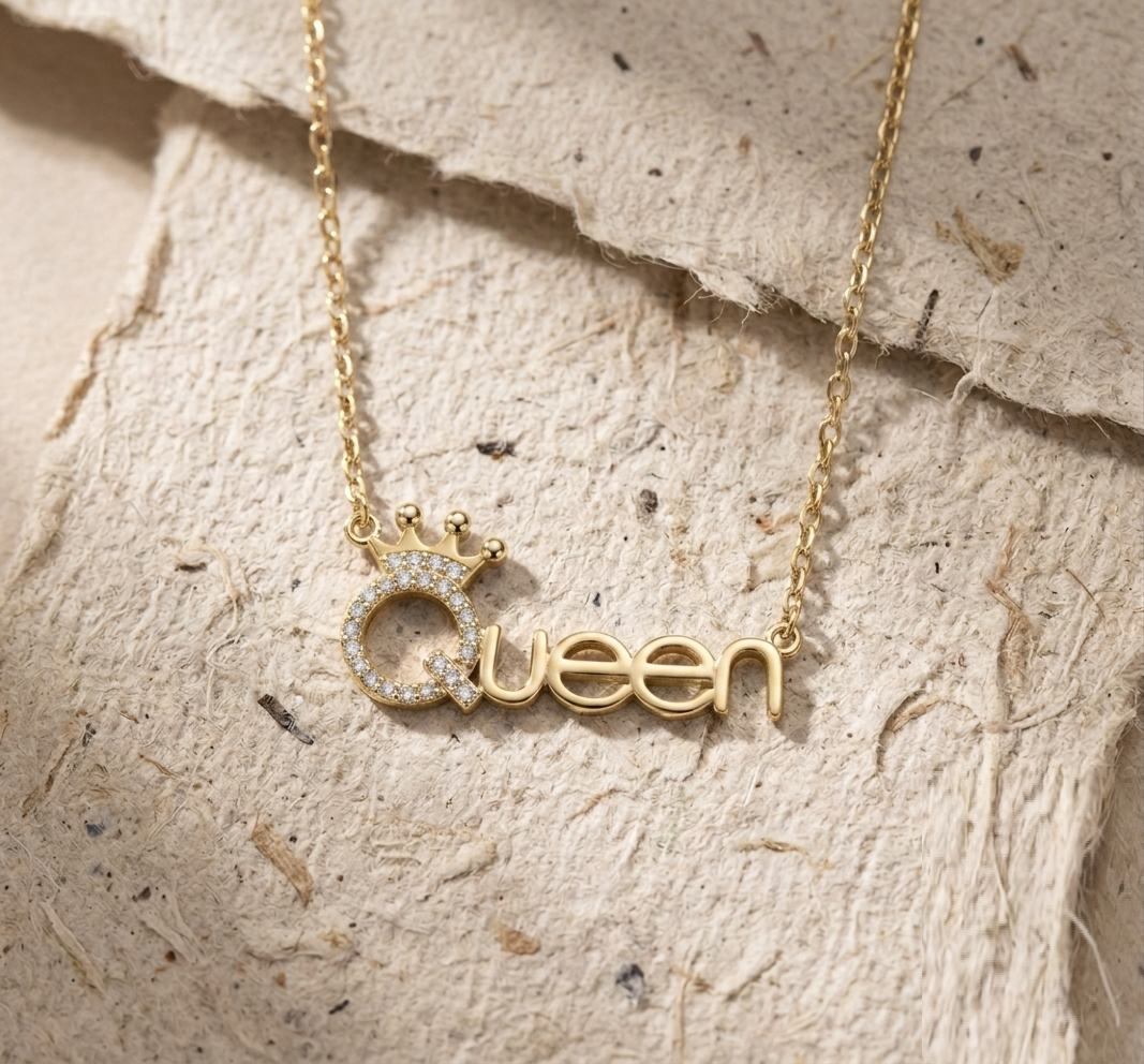 Queen Name Necklace with Crown, 925 Sterling Silver Royal Pendant Jewelry for Her, Dainty Princess Charm, Birthday Gift for Women