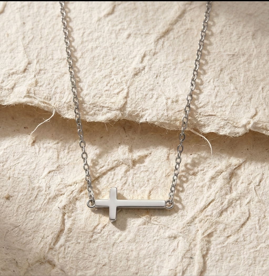Sideways Cross Necklace in 925 Sterling Silver • Minimalist Horizontal Cross Choker • Dainty Faith Jewelry Gift for Her - Image 3