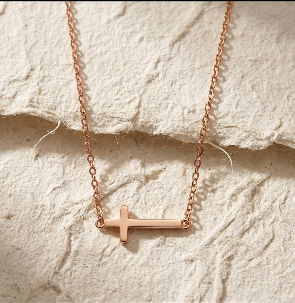 Sideways Cross Necklace in 925 Sterling Silver • Minimalist Horizontal Cross Choker • Dainty Faith Jewelry Gift for Her - Image 2