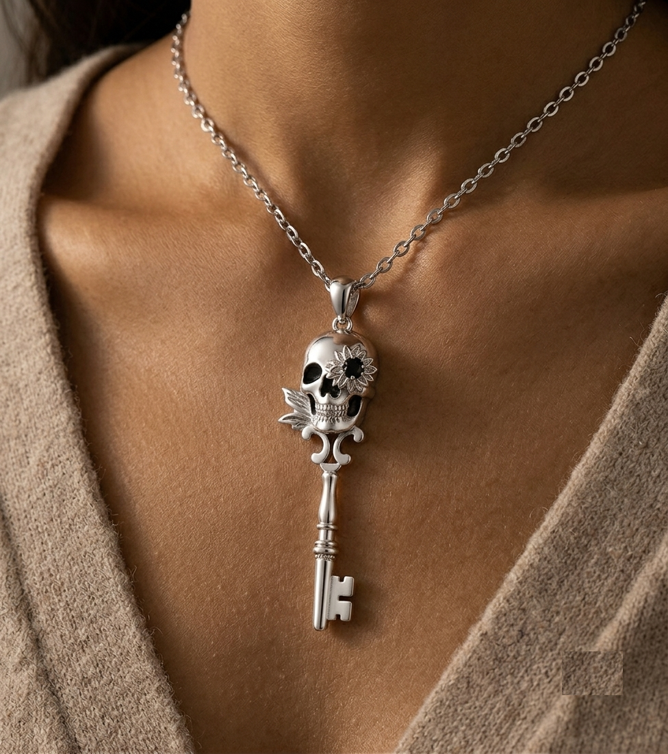 Sunflower Skull Key Necklace, Sterling Silver Skeleton Key Pendant, Gothic Floral Jewelry, Witchy Skull Necklace for Women, Romantic Gift - Image 5