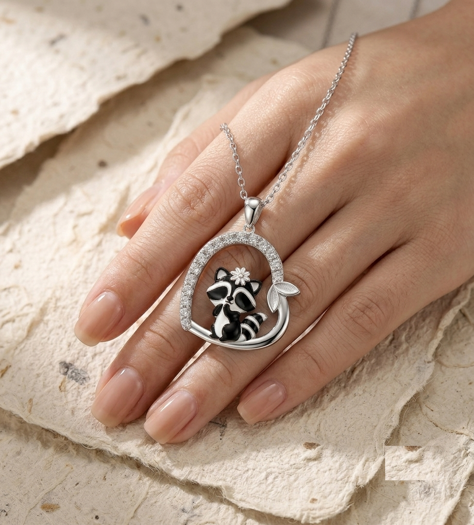 Dainty Raccoon Necklace in Sterling Silver, Cute Animal Heart Pendant, Enamel Raccoon Jewelry, Nature Inspired Gift for Her, Kawaii Necklace - Image 5