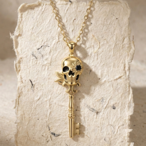 Sunflower Skull Key Necklace, Sterling Silver Skeleton Key Pendant, Gothic Floral Jewelry, Witchy Skull Necklace for Women, Romantic Gift