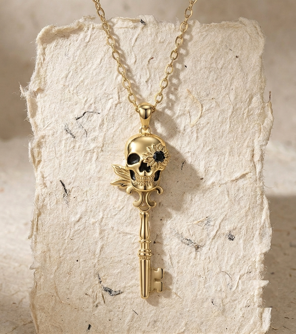 Sunflower Skull Key Necklace, Sterling Silver Skeleton Key Pendant, Gothic Floral Jewelry, Witchy Skull Necklace for Women, Romantic Gift